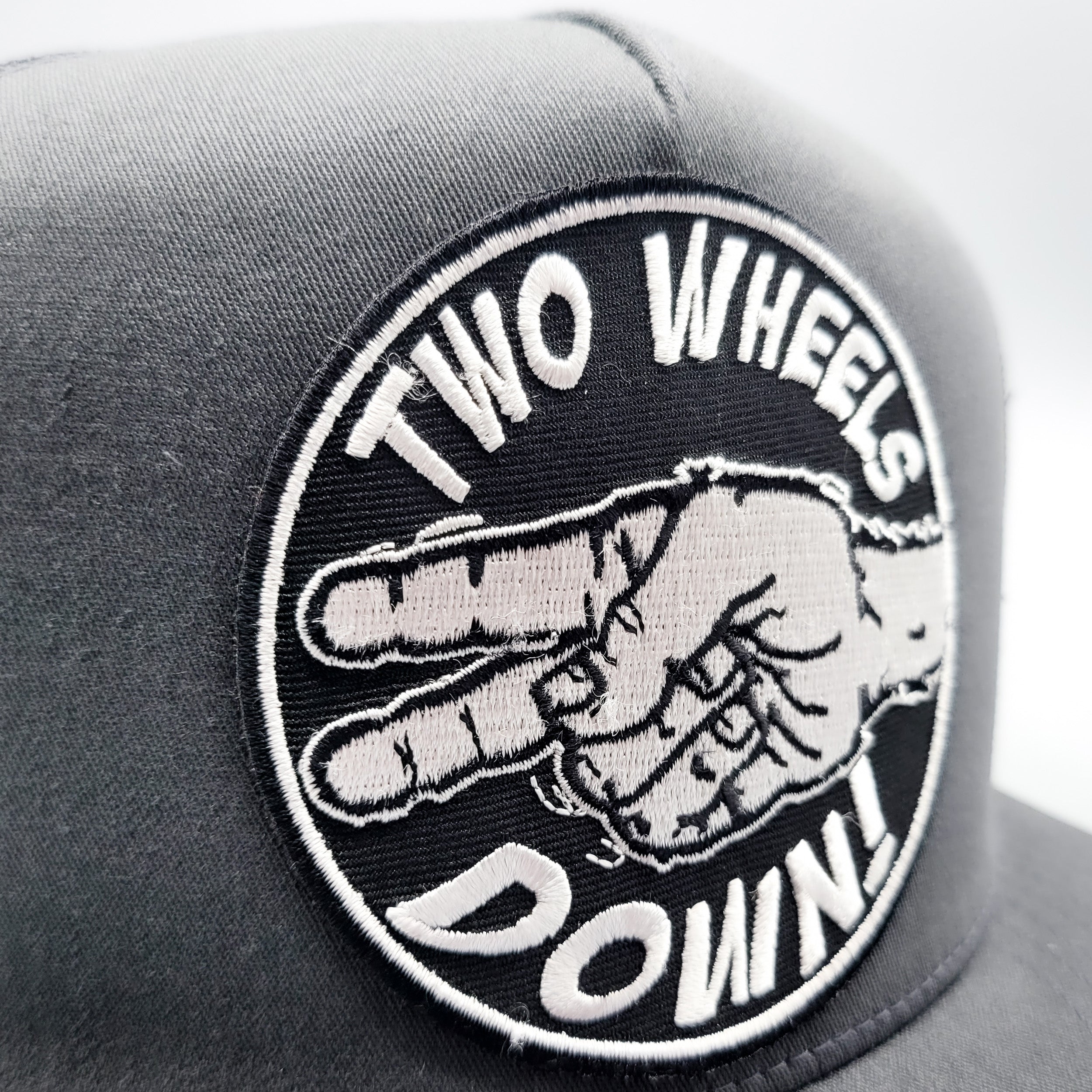 Two Wheels Down Harley Motorcycle Trucker Hat - 0