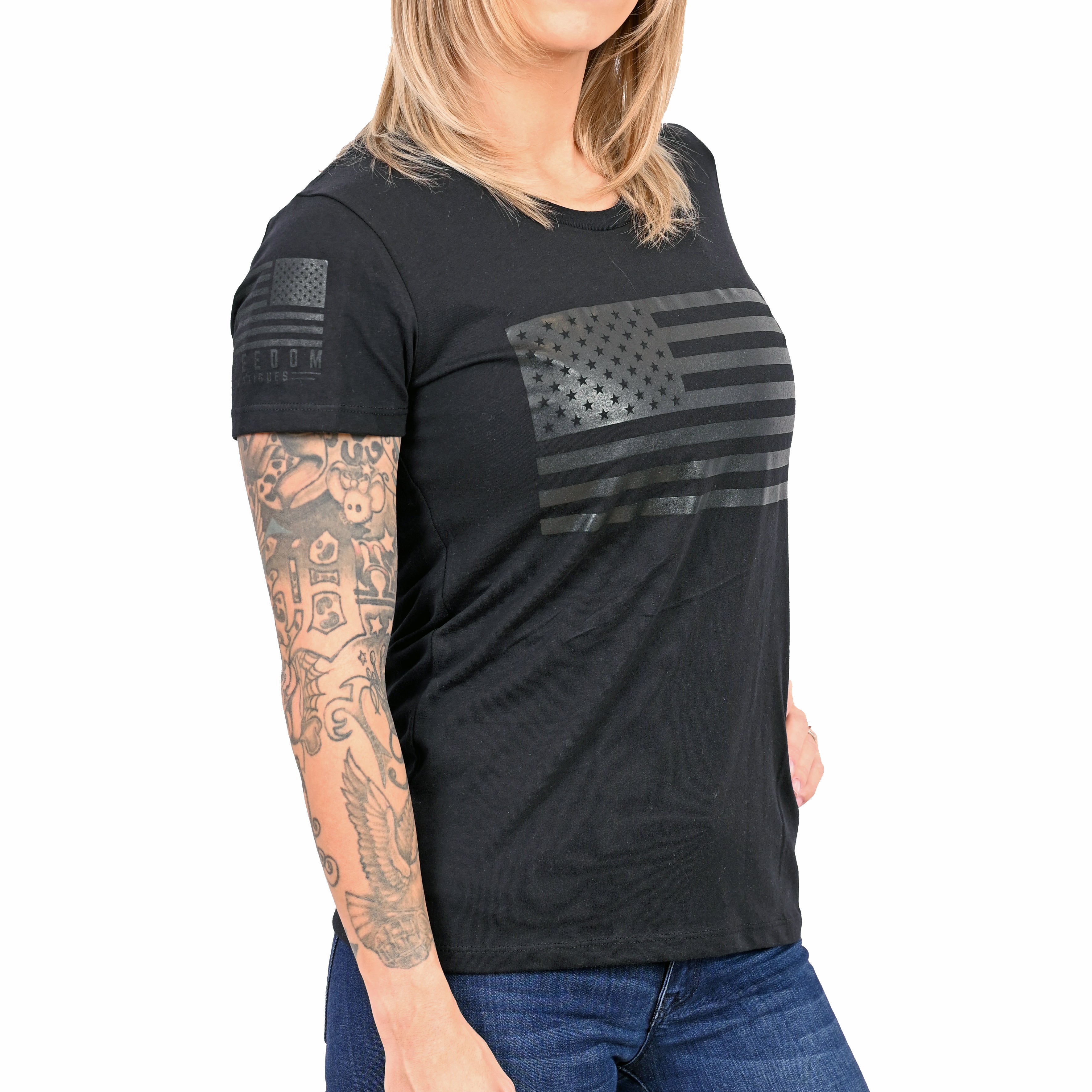 Women's Murdered Out American Flag Patriotic T-Shirt - 0