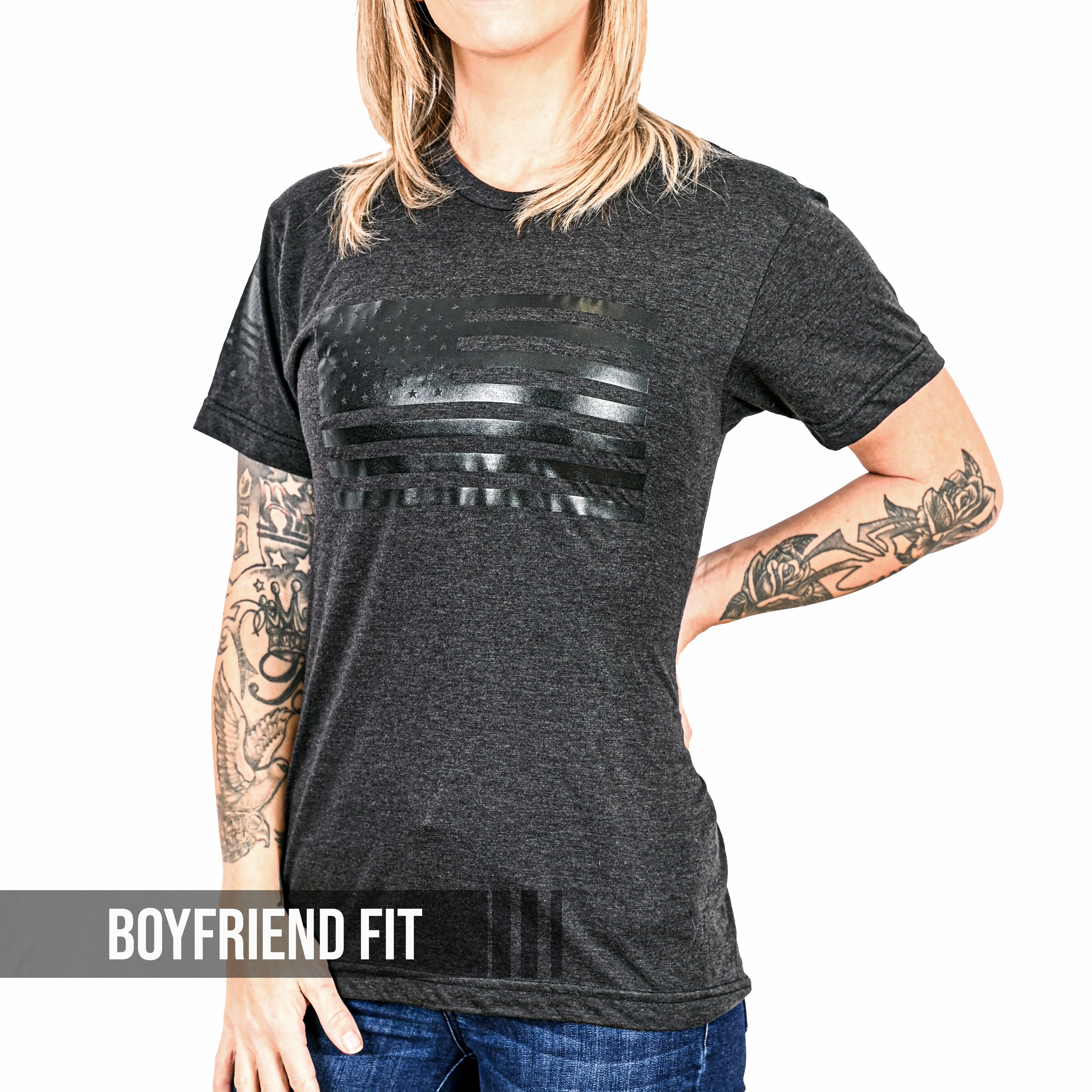 Women's Murdered Out American Flag Boyfriend Fit Patriotic T-Shirt - Heather Black