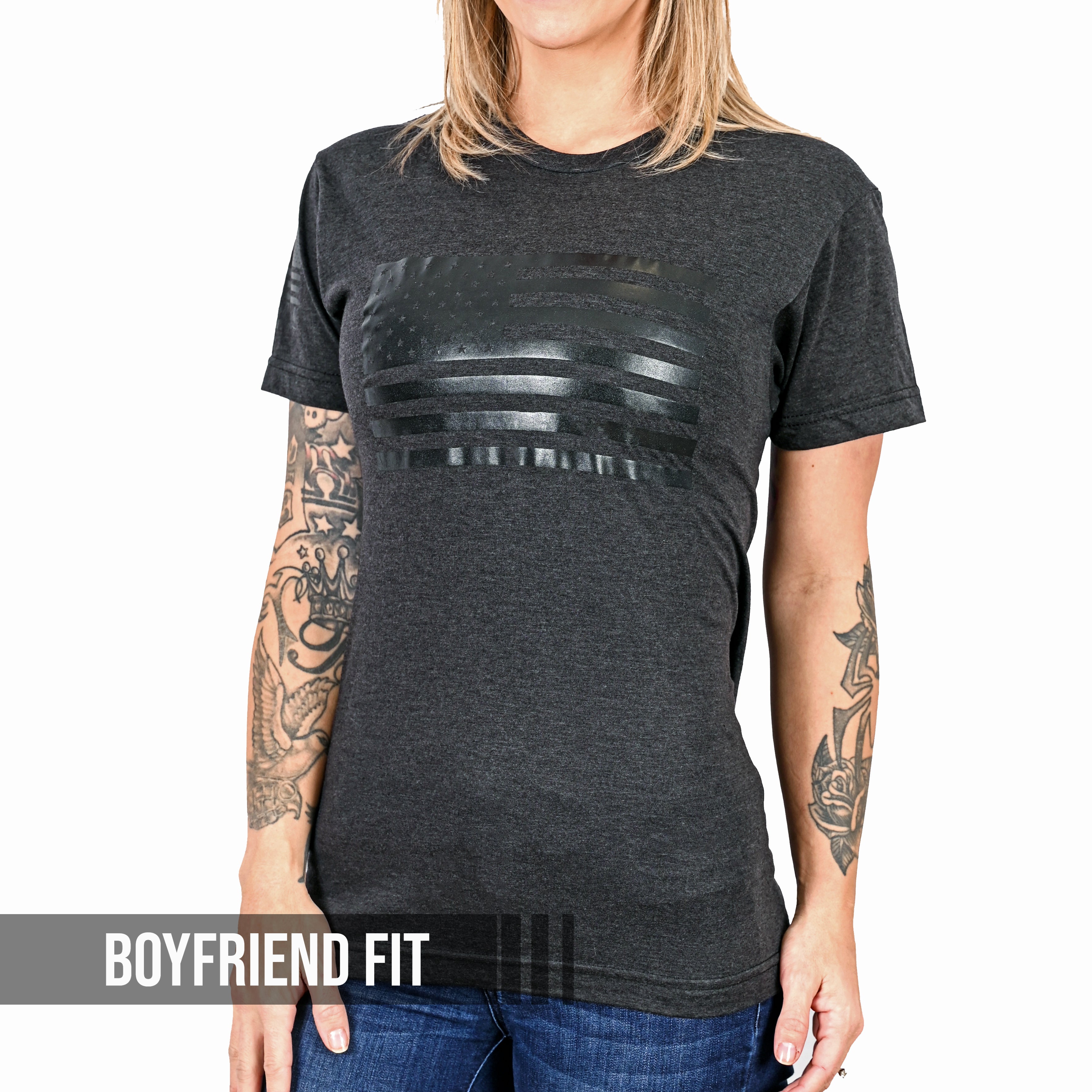 Women's Murdered Out American Flag Boyfriend Fit Patriotic T-Shirt - Heather Black - 0