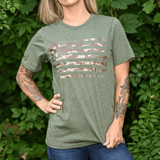 Women's Camo American Flag Patriotic Boyfriend Fit T-Shirt (Army Green)