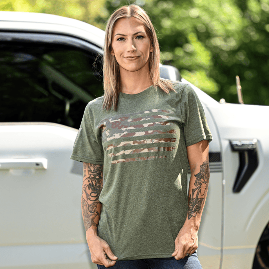 Women's Camo American Flag Patriotic Boyfriend Fit T-Shirt (Army Green) - 0