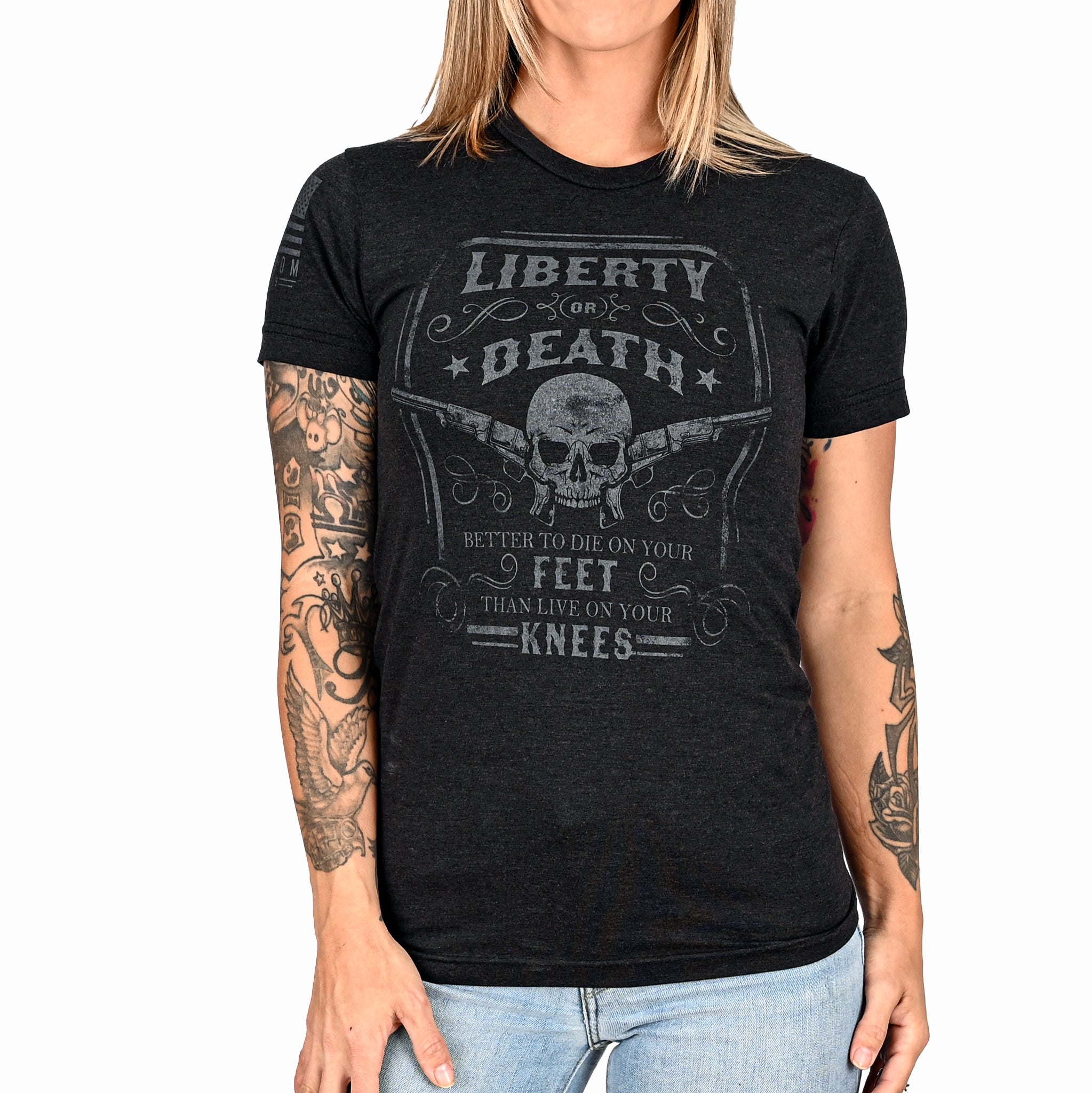 Women's Liberty or Death Patriotic Boyfriend Fit T-Shirt (Black on Black) - 0