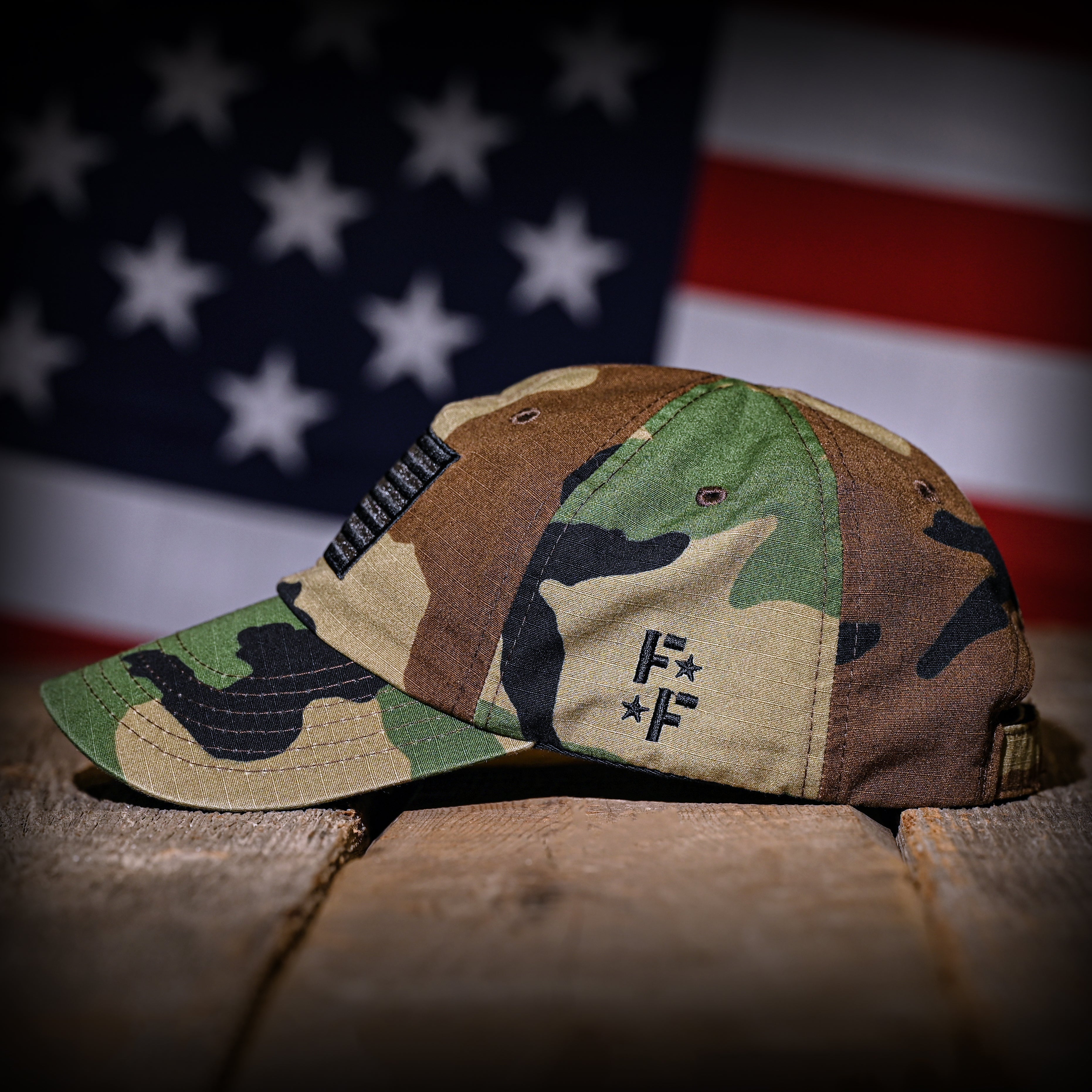 Woodland Camo Full Fabric American Flag Range Hat - 0