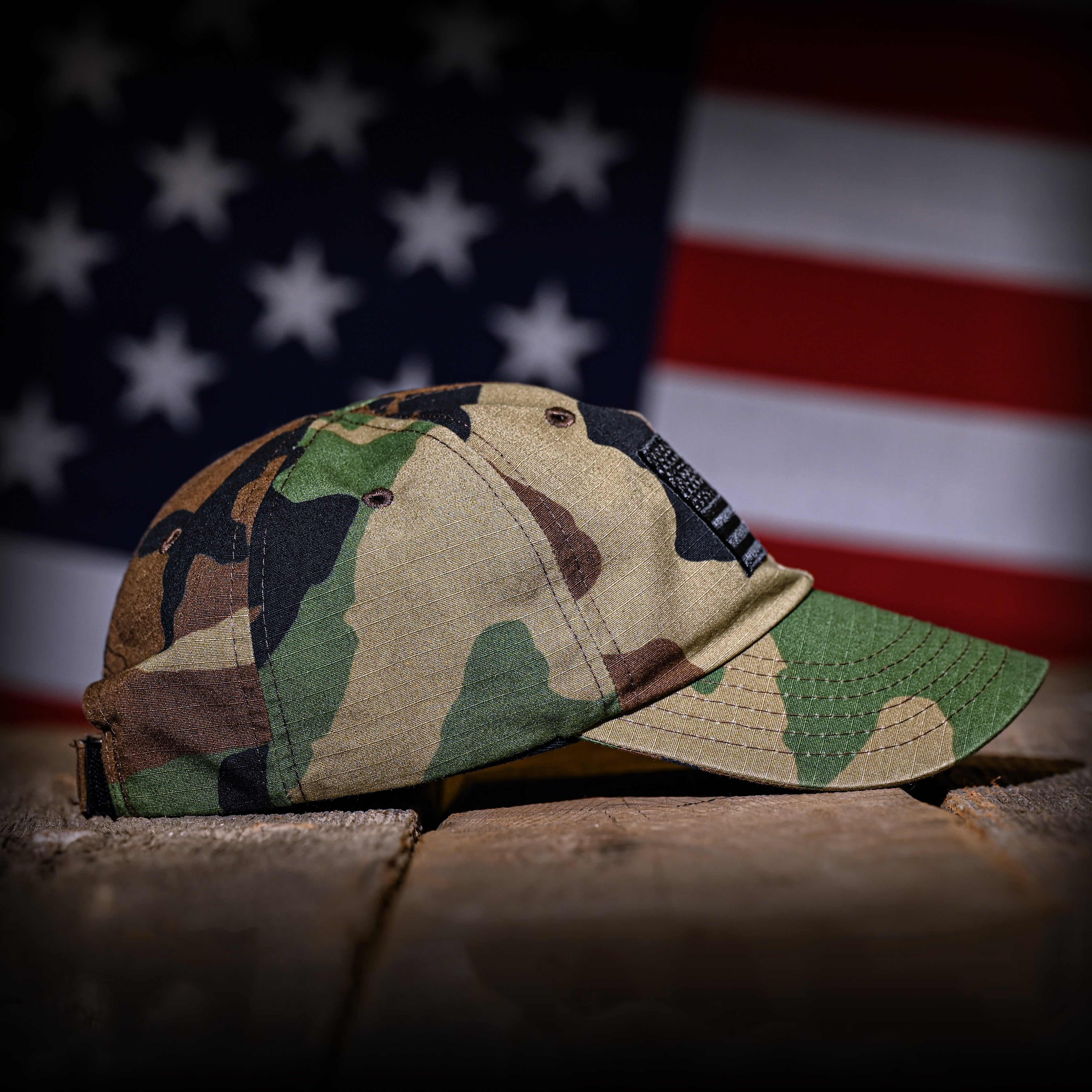 Woodland Camo Full Fabric American Flag Range Hat