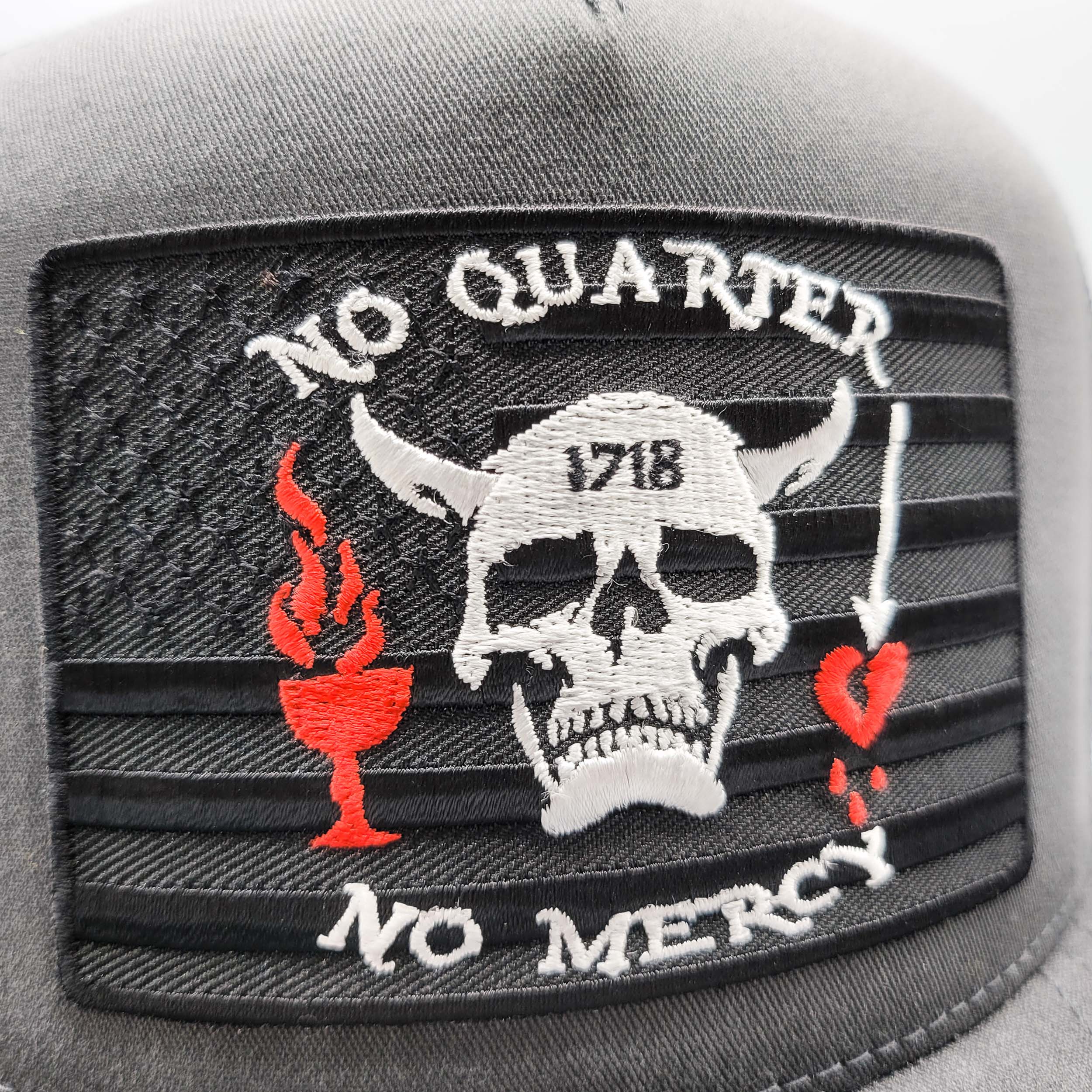 Blackbeard Pirate No Quarter, No Mercy Patriotic Trucker Hat - 0